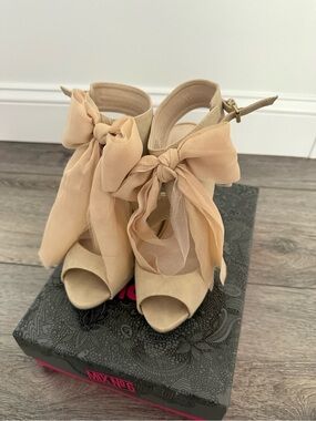 Mix No. 6 Nude Chiffon Bow Peep-Toe Heels